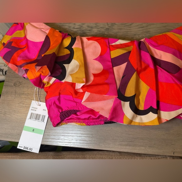Trina Turk Bandeau Fan Faire Bikini Top Size 8 Ruffle Multicolor Strapless NWT - Picture 4 of 7
